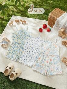 Souflis Souflis 3 pièces/set Ensemble de débardeur et short confortable et polyvalent dans un style français pour bébé fille. Convient pour la maison, les jeux et diverses occasions, été - Multicolore - Voir 1