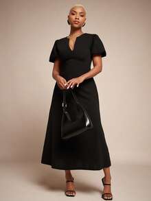 Vixey Petal Sleeve Deep V Neck Midi Length Swing Dress - Black - View 3