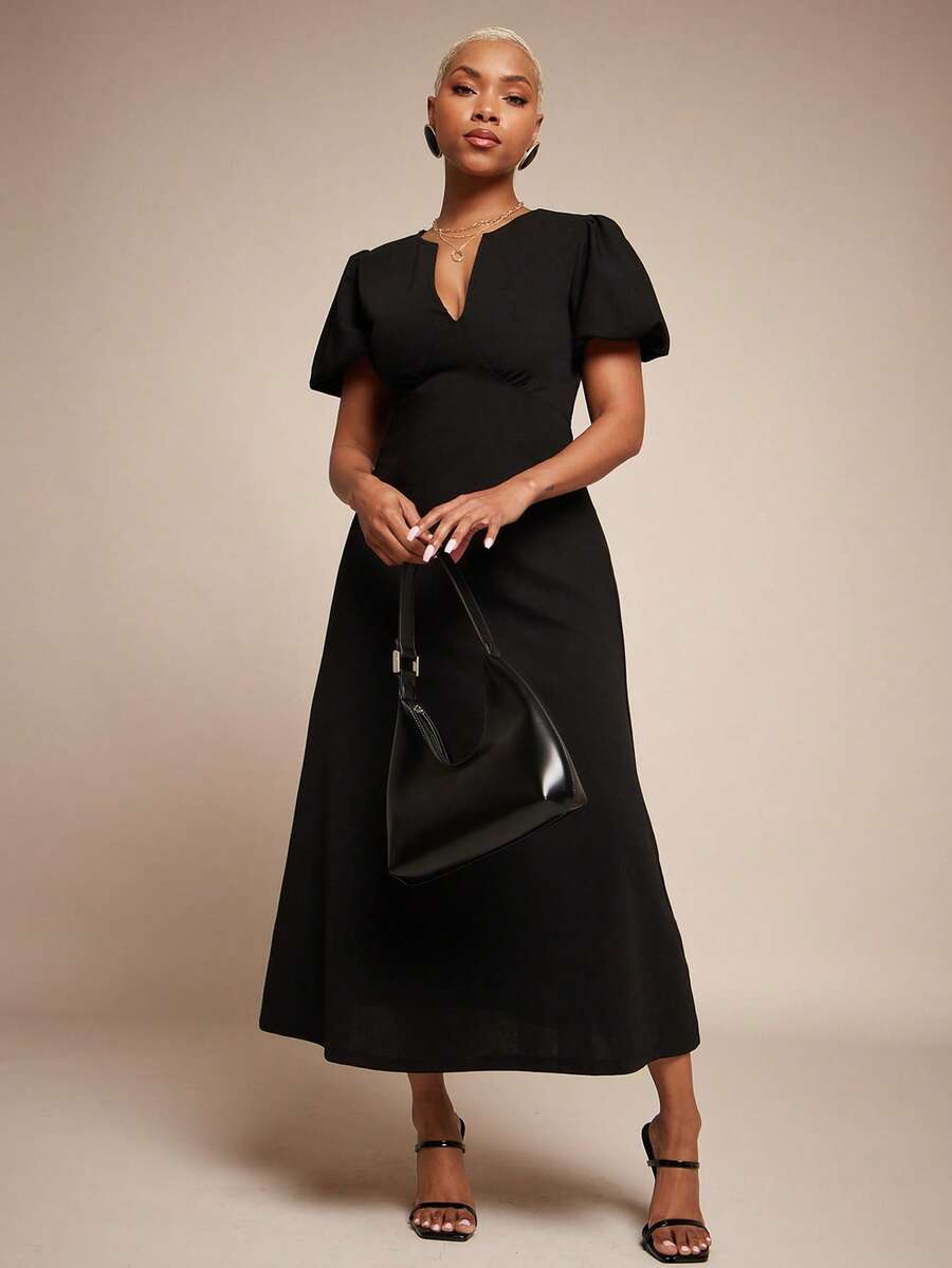 Vixey Petal Sleeve Deep V Neck Midi Length Swing Dress - Black - View 1