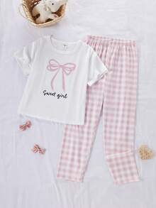 少女蝴蝶结印花短袖上衣和格子裤睡衣套装 - 粉色 - 查看 3