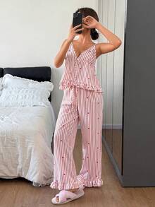 Dream Adore Women's Pajama Set, Spring Pink Striped Heart Print V-Neck Drawstring Ruched Ruffle Trim Camisole And Lounge Pants - Pink - View 5