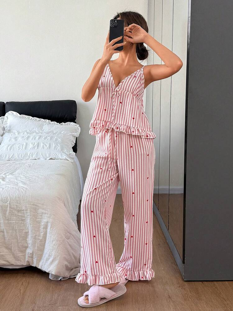 Napfluff Ensemble de pyjama pour femmes, haut à col V imprimé de cœurs roses rayés avec volants froncés et pantalon de jogging, ensemble de pyjama d'été en deux pièces, tenue d'été sexy pour femmes - Rose bonbon - Voir 6