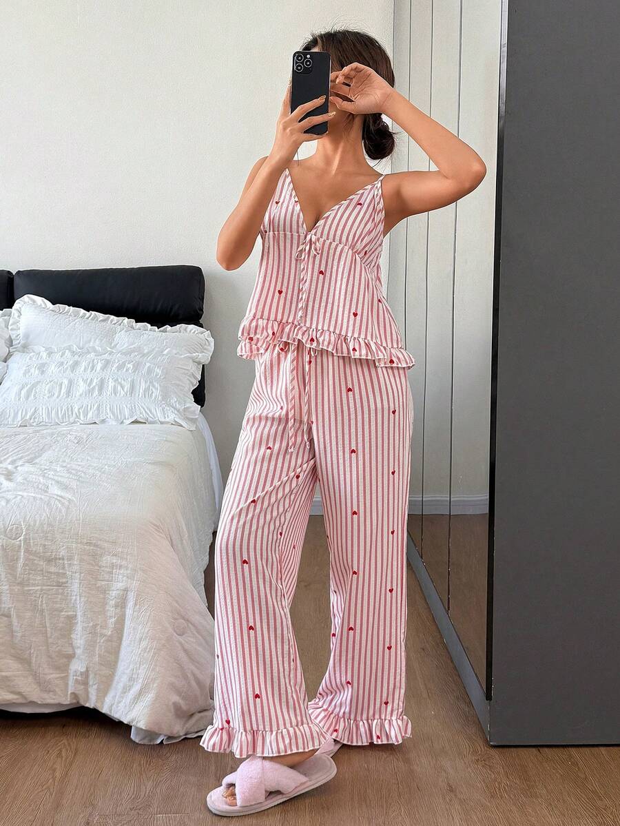 Napfluff Women's PJS, Spring Pink Striped Heart Print V-Neck Drawstring Ruched Ruffle Trim Camisole And Lounge Pants Summer Sleepwear Button Up PJS - Pink - View 1