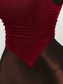 Amplova Top décontracté polyvalent et sexy avec ourlet drapé asymétrique de couleur unie pour grandes tailles - Rouge foncé - Voir 6