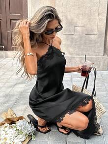 Pariaura Asymmetrical Lace Trim Satin Feeling Halter Neck Dress - Black - View 5