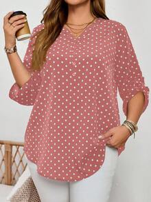 Rosumi 大码女式休闲波点印花翻领卷袖秋季衬衫 - 粉色 - 查看 3