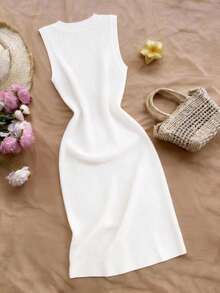 Breezaya Elegant Black And White Summer Office Bodycon Dress,Women's Round Neck Contrast Trim Ribbed Knit Maxi Dress,French Chic Sleeveless Slim White Dress - White - View 2