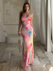 Aloruh Women's Tie-Dye Pattern Strapless Fishtail Hem Fitted Fashionable Dress - Multicolor - View 5