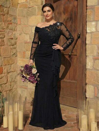 Serin Vestido elegante y lujoso de talla grande con bordado negro, lentejuelas, diamantes, encaje y aplicaciones, mangas transparentes, empalme elástico de punto fruncido y volantes, bajo de sirena, adecuado para boda, fiesta, vacaciones, baile de graduación, vestido de noche para la madre de la novia