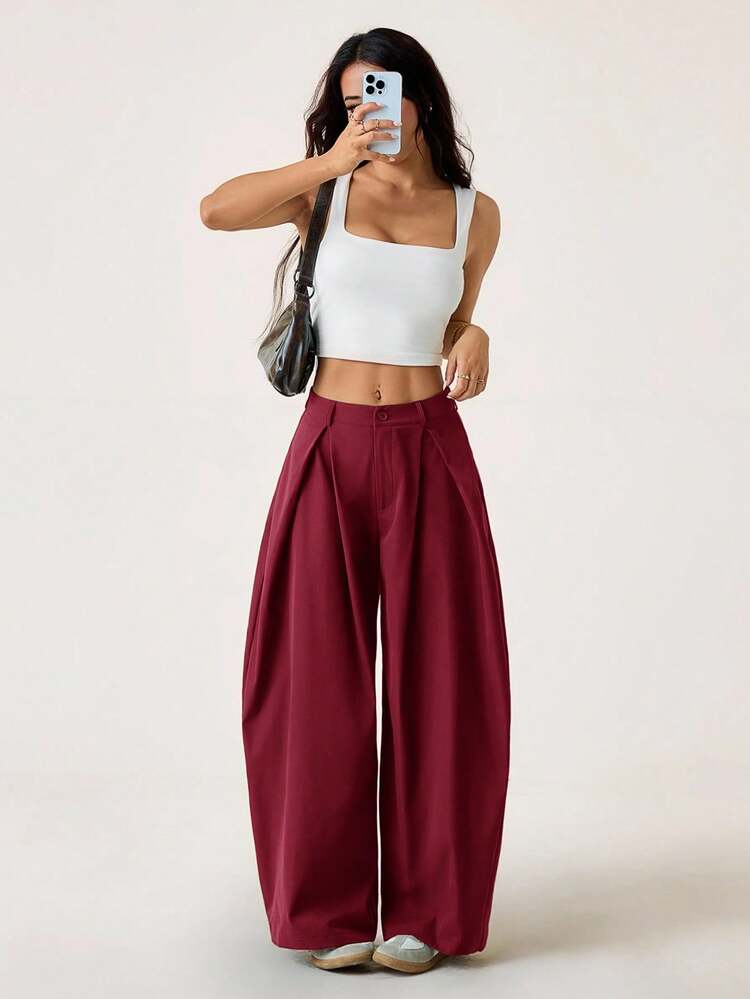 SHEIN PETITE Pantaloni estivi da donna casual e vintage, stile streetwear, pantaloni oversize con orlo curvo verde militare - Bordò - Visualizzare 1
