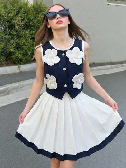 SHEIN Girls' Sleeveless Bow Tie Cardigan Top And Pleated Skirt Elegant Summer Set