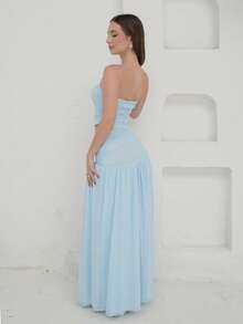 2 件套女士度假浪漫粉色网眼抹胸上衣和高腰褶饰网眼长裙，春夏 - 淺藍色 - 查看 2