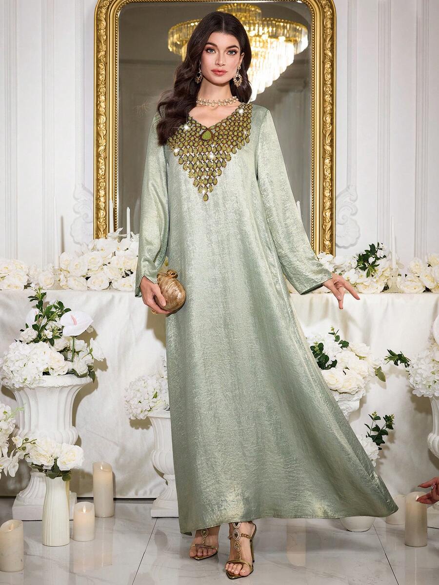 Al Najma Đầm nữ cổ chữ V dáng rộng, thoải mái, thích hợp cho các buổi gặp gỡ thân mật, tiệc tùng và đi chơi. - Màu xanh lam - Xem 1