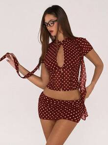 Sweetina Polka Dot Mesh Print Hollow Cardigan Top And Mini Bodycon Skirt 2 Piece Set For Women - Burgundy - View 7