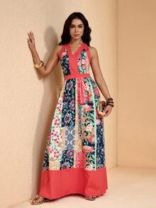 JIAN LASALA 多色印花撞色V领无袖女士夏季休闲长裙度假装 - 彩色 - 查看 6