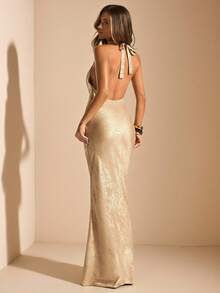 SHEIN BAE Women's Elegant Summer Gold Textured Dress, Plunging Backless Party Dress,Suitable For Nightclub,Brunch,Wedding Guest&Bridesmaid Deep V Dress - Gold - View 2