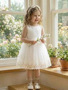 Glamorique Kids 花童生日派对婚礼假日礼服，女婴公主缎面连衣裙，白色薄纱蓬蓬裙，可拆卸蝴蝶结设计，适合正式场合、舞台表演、钢琴演奏、派对或特殊活动，夏季，欧美风格，金色刺绣蕾丝边白色薄纱蓬蓬裙，蝴蝶结露背连衣裙，舞台表演，中东奢华正式礼服 - 白色 - 查看 10
