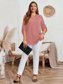 Rosumi 大码女式休闲波点印花翻领卷袖秋季衬衫 - 粉色 - 查看 1