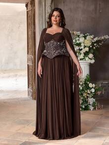 Aureia Đầm dạ hội sang trọng, màu nâu cà phê, cổ hình trái tim, tay bồng, thêu đính cườm, thiết kế xếp nếp, dáng chữ A, phù hợp cho mọi dịp trang trọng, mùa cưới, dạ tiệc (thiết kế được trang trí cầu kỳ). - Cà phê nâu - Xem 8