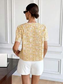 Serisse Women's Round Neck Plaid Burnout Embroidered Casual Versatile Daily Wear Shirt - Yellow - View 2
