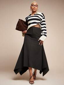 Vixey Slight Stretch High Waist Asymmetrical Hem Office Skirt - Black - View 2