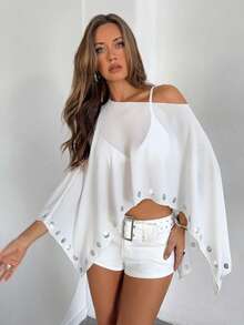Aloruh Women's Spring/Summer New Chiffon Studded Asymmetric Wrap Shirt - White - View 1