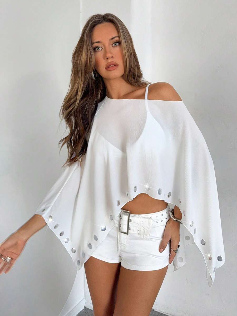 Aloruh Women's Spring/Summer New Chiffon Studded Asymmetric Wrap Shirt - White - View 1