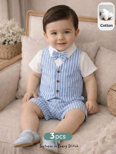 Cozy Pixies 3pcs Baby Boy/Girl Gentleman Outfit Set: Blue & White Striped Suit Jacket, White Short Sleeve Shirt, Blue & White Striped Vest & Shorts, Suitable For Spring/Summer Occasions Like Birthday Party, Christening, 1st Birthday, Ceremony, Wedding Guest, Pageboy