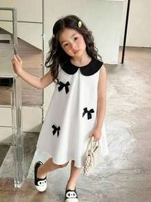 Elladie kids 少女优雅公主风可爱领子编织A字杏色连衣裙，黑色蝴蝶结装饰；少女奶油色和黑色连衣裙；少女无袖A字休闲连衣裙 - 杏色 - 查看 3