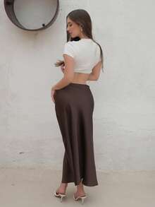 Duda Rubert 女士缎面半身裙，百搭鱼尾裙摆半身裙，日常穿着，棕色半身裙 - 咖啡棕 - 查看 2