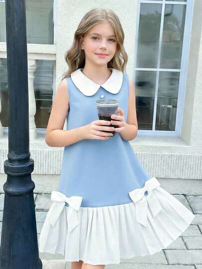 SHEIN Tween Girls' Summer Casual Commuting School Style Contrast Color Peter Pan Collar Pleated Hem Bow Decor Sleeveless Dress