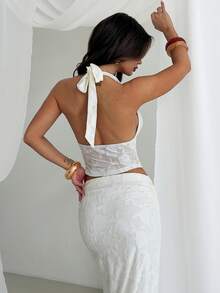 Firerie 女士提花吊带系带上衣和半身裙两件套，时尚百搭，适合约会和外出穿着 - 白色 - 查看 6