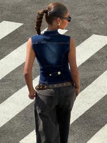 Muchica Áo gile ngắn denim nữ, hàng mới về, áo khoác không tay ôm dáng đa năng có cúc, màu trơn. - Rửa tối - Xem 2