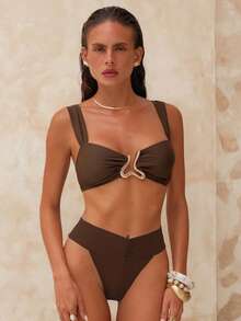 Swim Chiccia 2 sztuki/zestaw damski, jednolity kolor, khaki, krótki top z metalowym paskiem i obcisłymi spodenkami, komplet kąpielowy dla kobiet - Kawowy brązowy - Zobacz 2