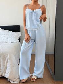 浅蓝色花卉边饰吊带背心和裤子女士睡衣套装 - 藍色 - 查看 3