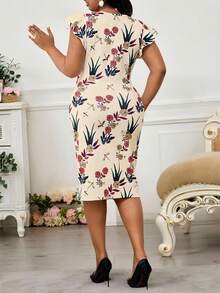 SHEIN Lady 春夏优雅通勤办公彩色针织重叠领荷叶边荷叶边袖褶皱中长无袖连衣裙大码优雅女士连衣裙高贵套装 - 彩色 - 查看 2