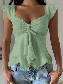 SHEIN EZwear 女士纹理针织荷叶边下摆甜心领短袖优雅T恤，锐舞上衣 - 薄荷綠 - 查看 3