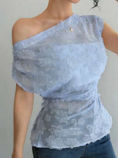 DAZY Blusa de verano elegante de mujer con cuello asimétrico con volantes de encaje