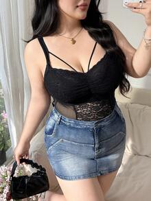CovetEZ Plus Size Solid Color Sheer Lace Patchwork V-Neck Sleeveless Bodysuit, Spring/Summer  2026 New Arrival - Black - View 6
