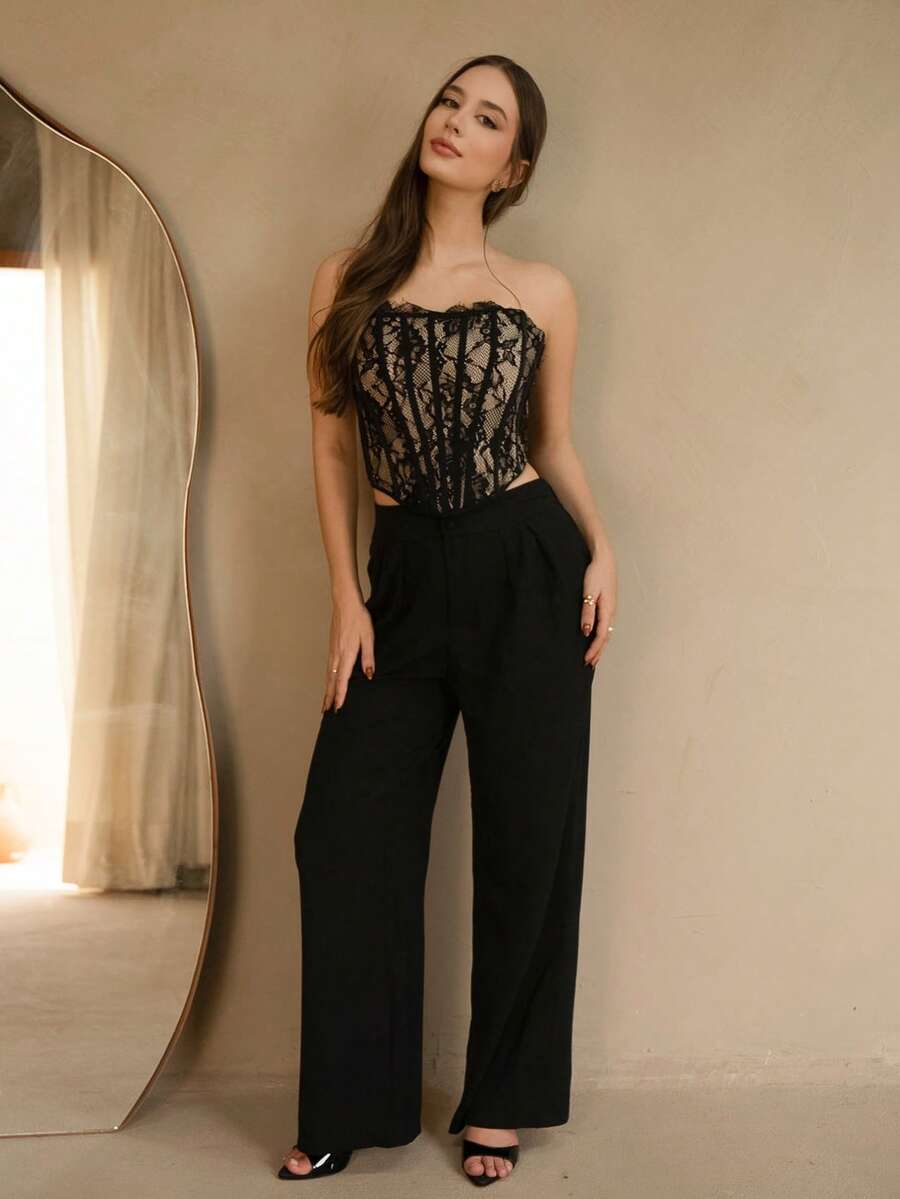 Duda Rubert 夏季海滩度假纯色胸罩上衣蕾丝上衣,适合日常约会、夜间外出、夜总会、派对、聚会、鸡尾酒会、泳池派对、返校季服装、学校季服装、假日服装、办公服装通勤服装紧身胸衣上衣 - 黑色 - 查看 1