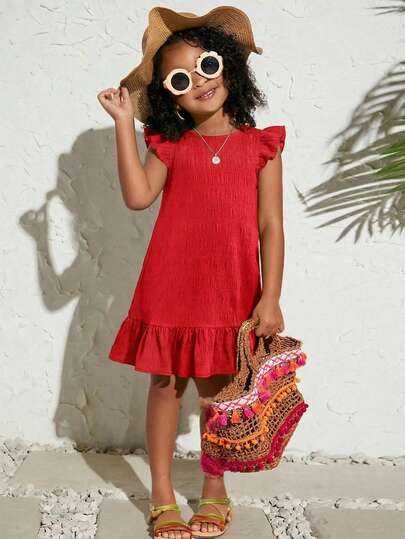 SHEIN Young Girl Woven Solid Color Round Neck Ruffle Hem Casual Dress Young Girl Vacation Casual Fashion Solid Color Round Neck Sleeveless Dress Versatile And Adorable, Suitable For Outings, School, Daily Wear, Birthday And Christmas Gifts