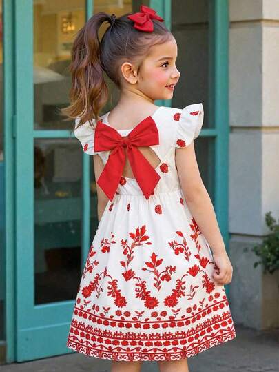 Sparklyn Tween Girls Vacation White Floral Print Backless Dress With Red Oversized Bow & Flutter Sleeves