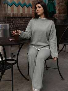 Andrea Bello 女式休闲落肩长袖毛衣和裤子两件套 - 灰色 - 查看 5