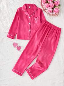 Girls Champagne Striped Long Sleeve Cardigan And Pants 2 Pieces Pajama Set - Hot Pink - View 8