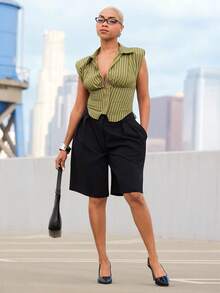 Vixey Stripe Plunge Neck Line Pointed Collar Hook And Eye Padded Shoulder Top - Olive Green - View 3