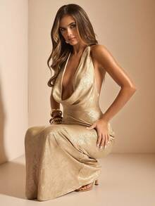 SHEIN BAE Women's Elegant Summer Gold Textured Dress, Plunging Backless Party Dress,Suitable For Nightclub,Brunch,Wedding Guest&Bridesmaid Deep V Dress - Gold - View 3