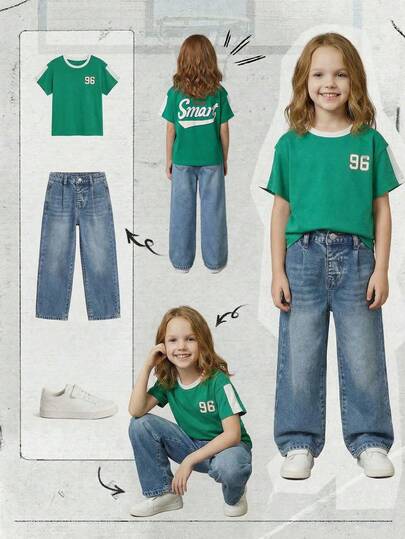 SHEIN Casuvi Kids 儿童女童休闲短款T恤，撞色条纹宽松落肩复古字母图案T恤，甜美可爱日常穿搭，夏季新品