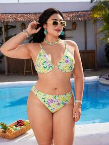 Swim Mod Plus Size Ditsy Floral 2 Pieces Bikini Set With Underwire, Beach Swimwear - Yellow - View 3
