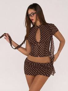 Sweetina Polka Dot Mesh Print Hollow Cardigan Top And Mini Bodycon Skirt 2 Piece Set For Women - Coffee Brown - View 7