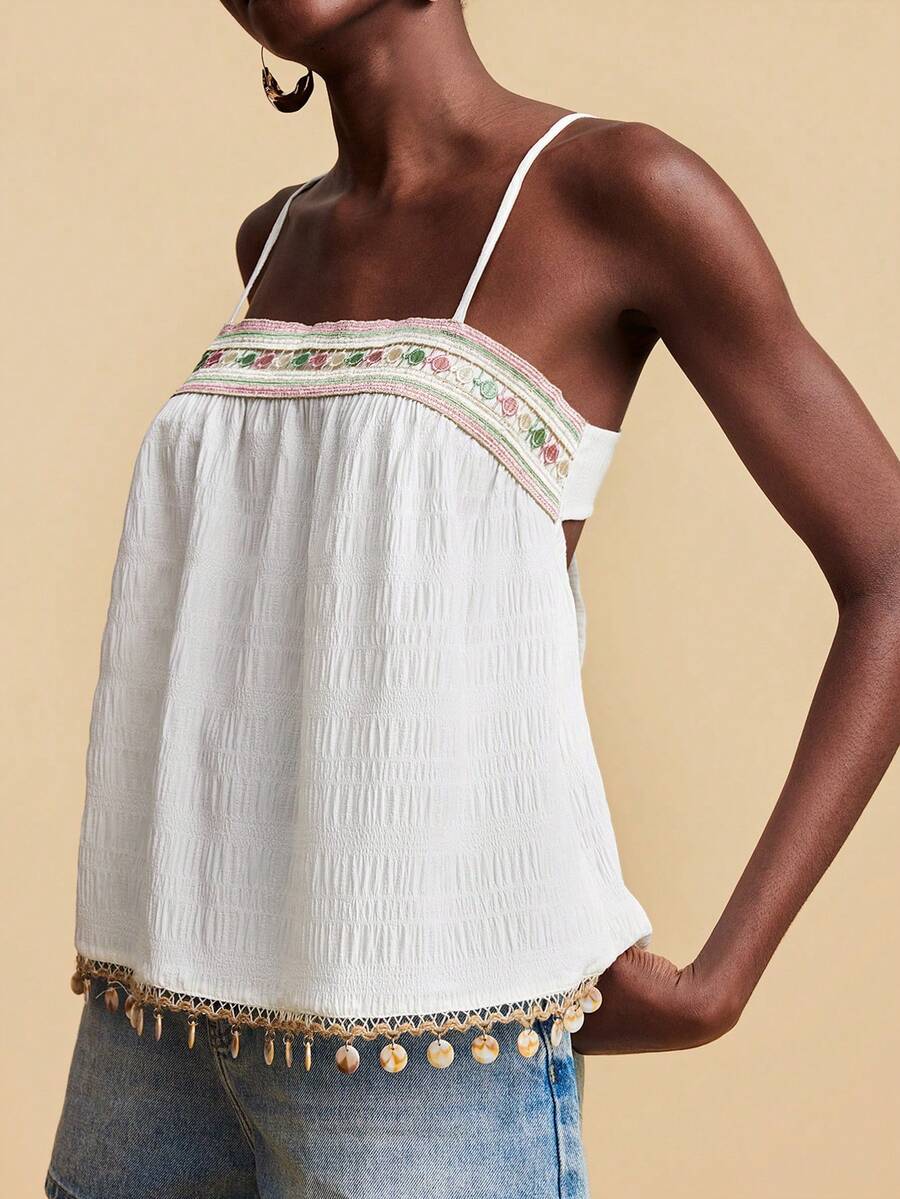 Travachic White,Summer,Boho,Vacation,Holiday Elegant Tropical Print Sling Tank Top,Casual Loose Outfits For Women,Suitable For Beach Cruise,Music Festival - Multicolor - View 1